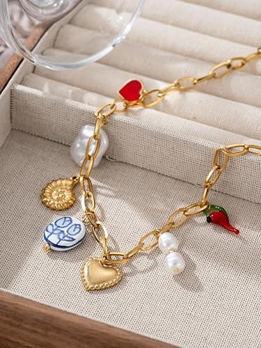 Trendy Stainless Steel Gold Plated Charm Necklace with Heart Pearl Pepper Conch Ceramic Pendant Necklace for Women Collares Chokers Jewelry thumbnail 4