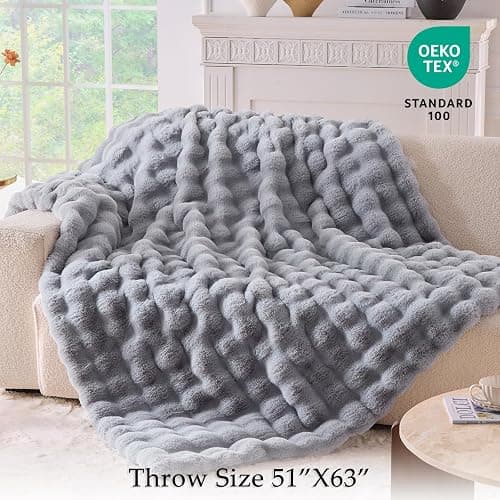 BENVWE Fluffy Faux Fur Throw Blanket for Couch, Soft Plush Thick Cozy Fuzzy Luxury Minky Bubble Blanket for Home Living Room Decor Gift for Women, Light Grey, 51" x 63", 1100GSM thumbnail 2