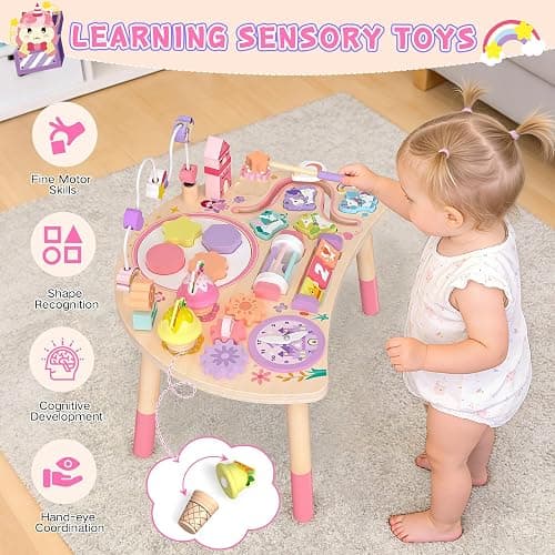 Hewaurorion Wooden Activity Table for Toddlers 1-3, Unicorn 10-in-1 Montessori Busy Board with Bead Maze Shape Matching Gears Clock, Sensory Learning Toys for 1 2 3 Year Old Girls Boys Birthday Gift thumbnail 4