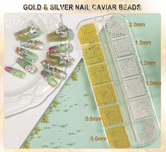4390pcs Gold Nail Charms Caviar Beads for Nails, 2 Box Silver & Gold Beads for Nails and Flatback Pearls for Nail Art Supplies, Chloe Golden Caviar Chain for Nail Decals Jewelry Accessories thumbnail 2