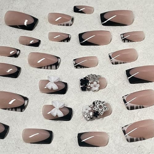 ROFIBUT French Tip Press on Nails Short Square Fake Nails with Bow Charms Designs Black White Zebra Print False Nails Cute Small Flowers Silver Star Nail Rhinestones Stick on Nails for Women 24Pcs thumbnail 4