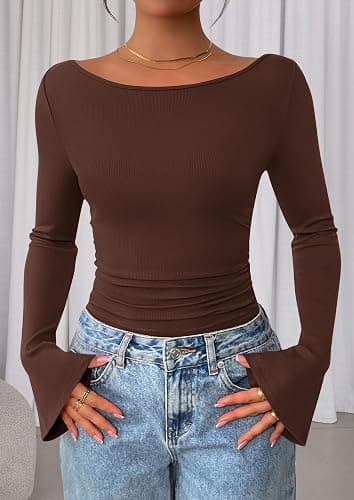 Women's Long Sleeve Shirts 2025 Fall Crop Going Out Tops Casual Boat Neck Bell Sleeve Ribbed Ruched Y2K Clothes thumbnail 7