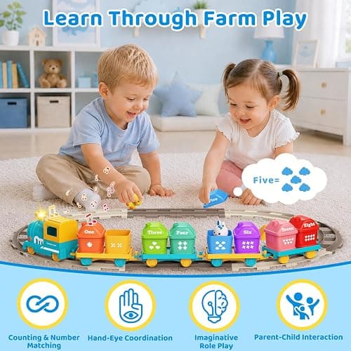 Electric Train Set for Toddler with Farm Animals, Music & Lights, Ages 2-4 | Montessori Self-moving electric train set, 37 PCS with 8 numbered barns and animal finger puppets for counting and sorting thumbnail 6