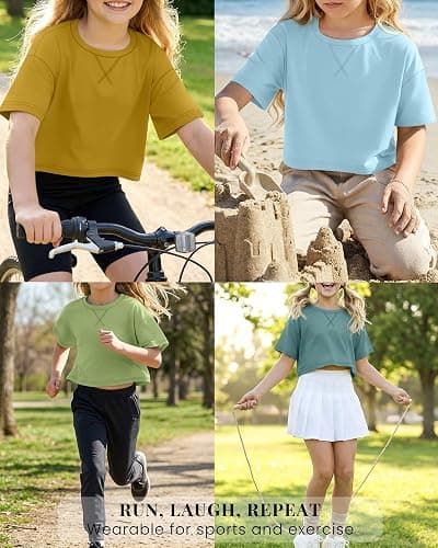 LessonZoo 4 Pack Girls Crop Tops 5-14Y Short Sleeve T-Shirts Tween Crew Neck Teen Oversized Cute Cropped Summer Athletic Tee thumbnail 2