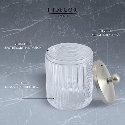 Indecor Home Glass Jar with Metal Lid for Bathroom Organization, Clear Apothecary Jar for Cotton Balls, Q-Tips, and Small Accessories, Stylish Bathroom Storage Container - Nickel/Clear - Nickel/Clear thumbnail 4