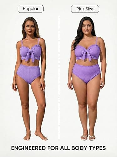 Herseas Women's Seashell Textured Bikini Sets Knotted Front 2 Piece Swimsuits Ruffle Trim Bathing Suits thumbnail 3