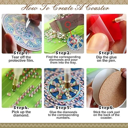 Temlum 6 Pcs Diamond Painting Coasters Kit with Holder, DIY Mandala Diamond Art Coaster Kits for Beginners, Adults Art Craft Supplies thumbnail 4