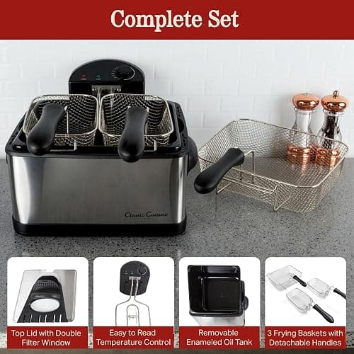 Classic Cuisine Deep Fryer, 4L Electric Oil Fryer, Silver, 16”x12.5”x9” | Stainless-Steel Cooker with 3 Baskets, Cool Touch Features, See-Through Lid and Double Odor Filter Technology thumbnail 5