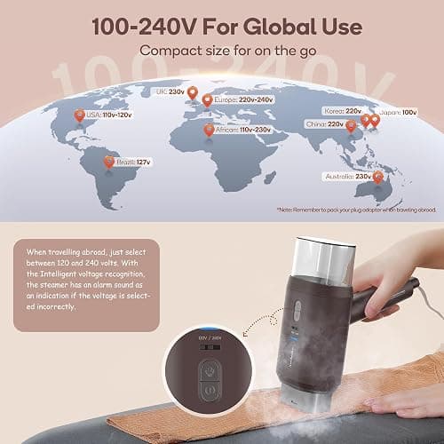 Newbealer Professional Business Travel Steamer, 1200W High-Power Dual Voltage (100-240V), Fast 20s Heat Up for Clothes Horizontal Vertical Steaming, Foldable & Solid 1.72 lbs, 180ml (Brown) thumbnail 6