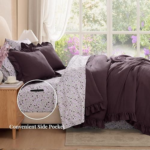 BLOOMHAVEN Full Comforter Set - 7 Pieces Ruffle Purple Bedding Sets, Shabby Chic Farmhouse Bed in a Bag Full with Ruffle Comforter, Floral Sheets, Pillowcases & Shams thumbnail 3