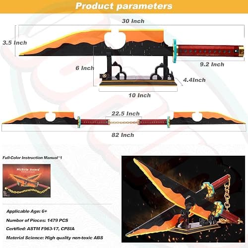 Jorumo Sword Building Set, 82in Double Blade Tengen Uzui Sword Building Block with Stand, Handmade Cosplay Anime Sword Toy Building Set for Collecting and Gifting 1478Pcs thumbnail 2