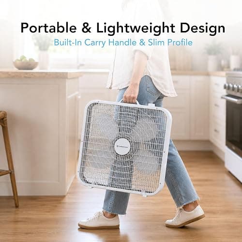Comfort Zone Box Fan with Carry Handle, 20 inch, 3 Speed Full-Force Air Circulation Window Fan, Bedroom Floor Fan with 5 Blades, White Noise Cooling Fan, White thumbnail 4