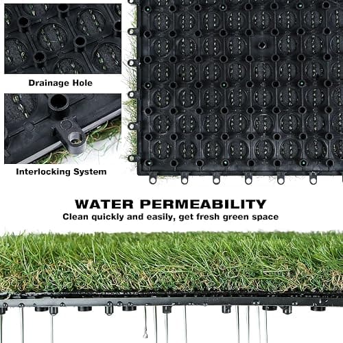 XLX TURF Artificial Grass Turf Tiles Interlocking Set 6 Pieces, Square Fake Grass Tiles Self-draining for Pet Indoor/Outdoor Flooring Decor, 12"x12", 8 Buckle Systerm thumbnail 4