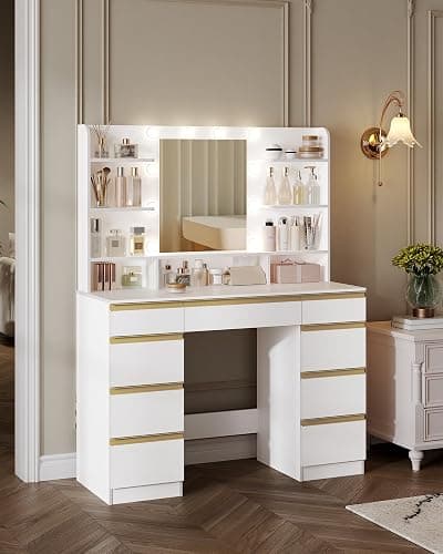 Hzuaneri 9 Drawers Vanity Desk with LED Light, Dressing Table with Large HD Mirror, 9 Open Storage Spaces Makeup Vanity for Bedroom, 3 Color Bulbs, White Gold DT35703XCA thumbnail 7