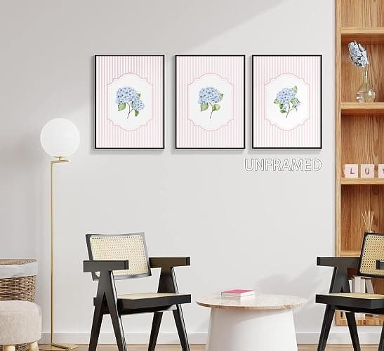 Blue Hydrangea Wall Art Pink Striped Rustic Farmhouse Floral Pictures Wall Decor Cottagecore Botanical Posters Vintage Grandmillenial Flower Painting Print Artwork for Girls Room Dorm, Unframed thumbnail 8