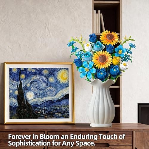 Blue Rose Flowers Valentines Gifts - Bouquet Building Set Compatible with Lego Flowers for Adults Women, Van Gogh's Starry Night and Sunflowers Style, Christmas Mother's Day Home Decor thumbnail 3