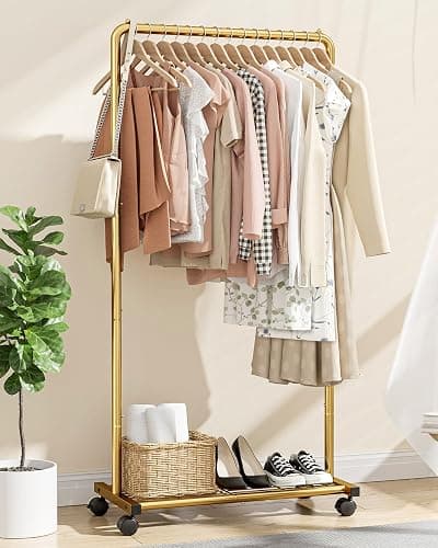 Sakugi Clothes Rack - Clothing Rack with Storage Mesh Shelf & Casters, Heavy-Duty Metal Clothing Rack for Hanging Clothes, Dresses, Coats, Large Load Capacity, Easy Assembly, Gold, 28.0"x16.9"x59.0" thumbnail 2