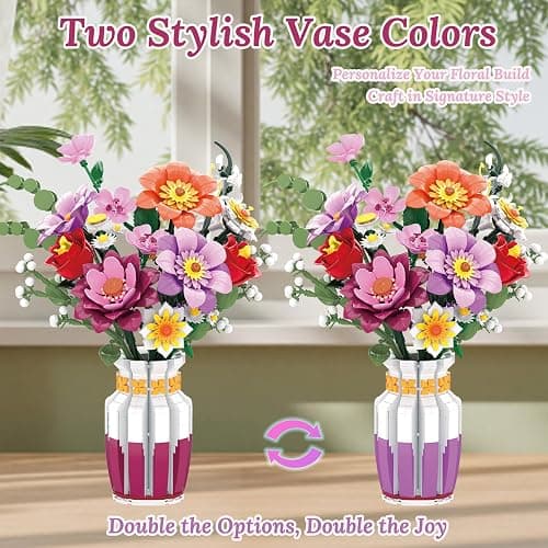 Loyratche Dual-Tone Vase Flowers Bouquet Building Set, Artificial Flower Block Toys for Adults & Women Botanicals Collection for Home and Office Decor (1278 PCS) thumbnail 4