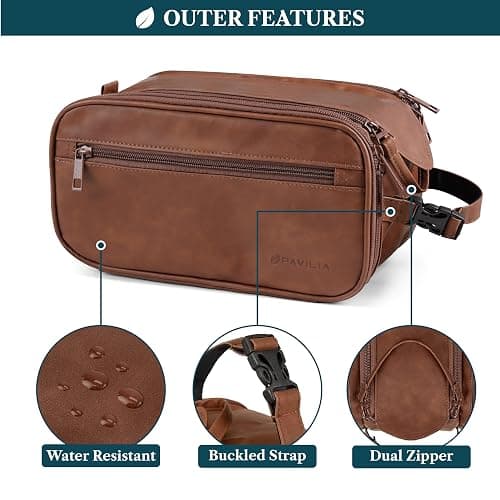 PAVILIA Toiletry Bag for Men Women, Mens Travel Bag Toiletries Organizer Case for Grooming, Travel Essentials Shaving Dopp Kit, PU Leather Water Resistant Cosmetic Pouch, Brown thumbnail 4