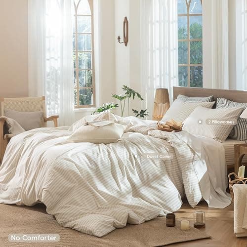 MooMee Striped Duvet Cover Set 100% Washed Cotton Linen Like Textured Breathable Durable Soft Comfy (Almond Milk Grey Classic Stripes, Queen 90"x90") thumbnail 2