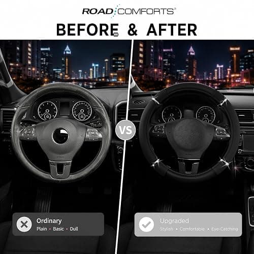 Road Comfort Leather Steering Wheel Cover – Premium Anti-Slip Car Steering Wheel Grip Cover – Universal Fit for 14.5”–15” Cars, Trucks & SUVs - Black thumbnail 3