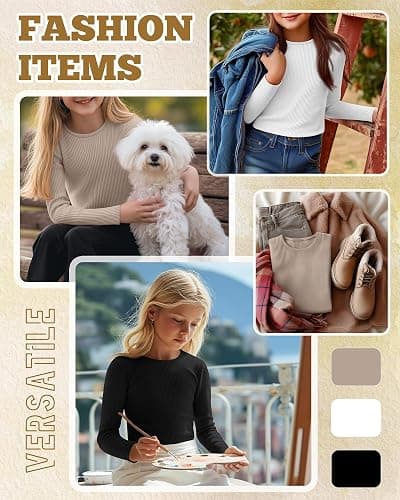 LessonZoo 3 Pack Girls Long Sleeve Shirts Ribbed Knit Cotton Layering Tops Slim Fit Crewneck Casual Undershirts thumbnail 2