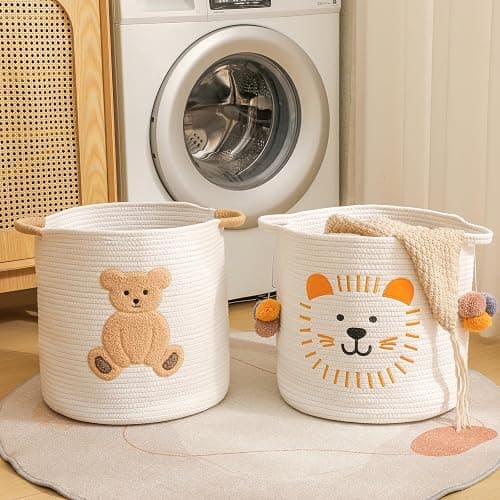 Large Blanket Baskets for Living Room, Teddy Bear Baskets Toy Storage Basket, 14" x 14" Woven Cotton Rope Basket for Kids, Toys Organizer Clothes Hamper with Embroidery, Teddy Bear Nursery Decor thumbnail 7