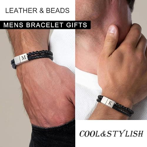 LUXEJEW Gifts for Men - Mens Bracelet, Beaded Leather Initial Bracelet 6mm Matte Agate Stone Handmade Bracelets Adjustable Stainless Steel Magnetic Clasp Mens Jewelry Gifts thumbnail 2