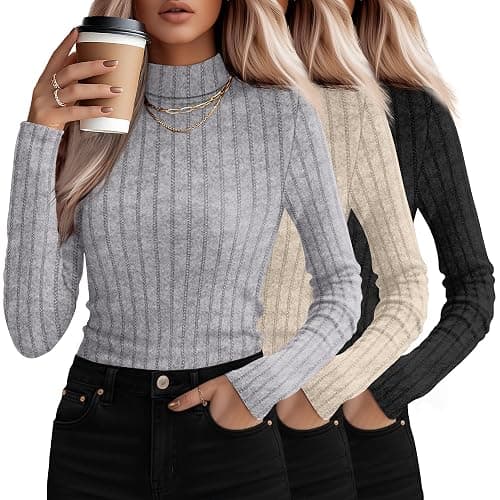 3 Pack Women's Mock Turtleneck Sweaters, Long Sleeve Ribbed Knit Tops, Fit Soft Thermal Underwear, Lightweight Fall Pullover - Image 1