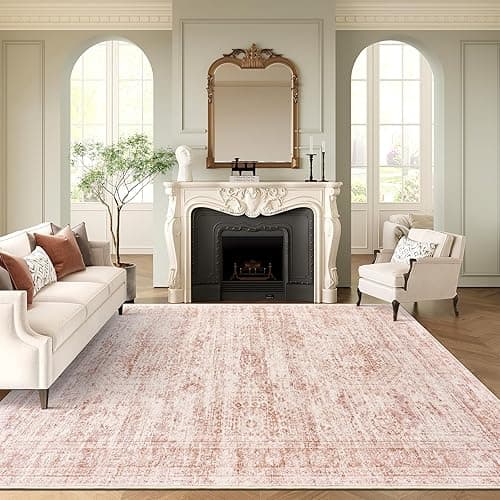 Washable Area Rug 8x10, Large Soft Rugs for Living Room Vintage Area Rugs for Bedroom Dining Room Non-Slip Stain Resistant Pink Rug Under Table Rug - 10' x 8' (Rectangular) - Pink