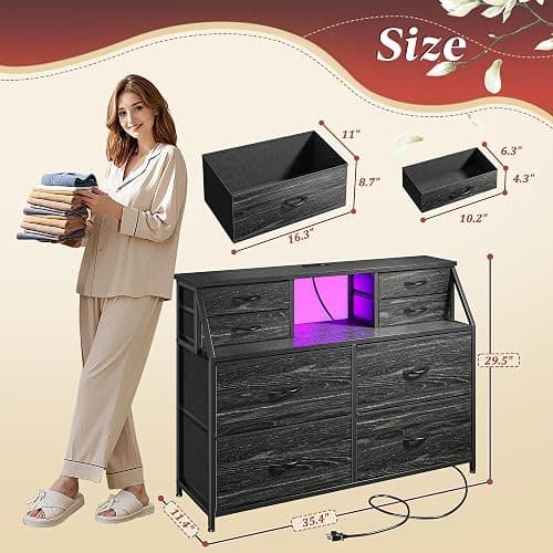 Romorgniz Dresser for Bedroom with Charging Station and LED, Sturdy Chest of Drawers with 8 Drawers and Two Open Shelves for Storage,Bedroom, Living Room,Hallway (Black) - Black thumbnail 3