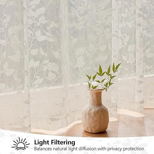 Rinwoc Beige Lace Sheer Curtains – Vintage Leaves Pattern Lace Curtains for Living Room/Bedroom, Light Filtering Modern Privacy Light Filtering Rod Pocket Window Drapes, 52W x 63L Inch, 2 Panels thumbnail 4