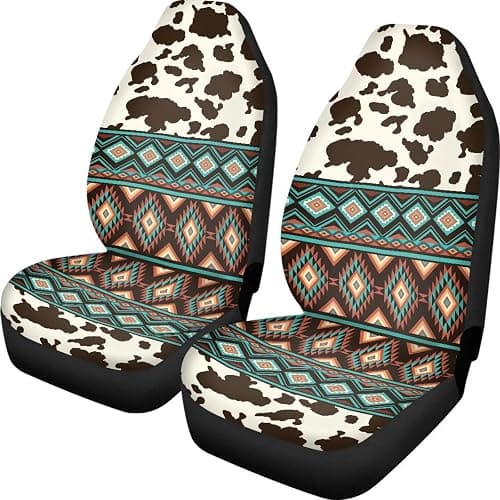 Dreaweet Aztec Seat Covers for Cars SUV Trucks,Brown Cow Print Car Seat Covers Vehicle Seat Protector Set of 2,Cute Cow Print Car Accessories for Women Interior - Image 1