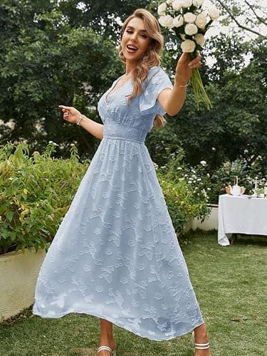 Simplee Women's Boho Floral Maxi Dress Flowy Casual V Neck Short Sleeve Wedding Guest Holiday Beach Long Dress thumbnail 5