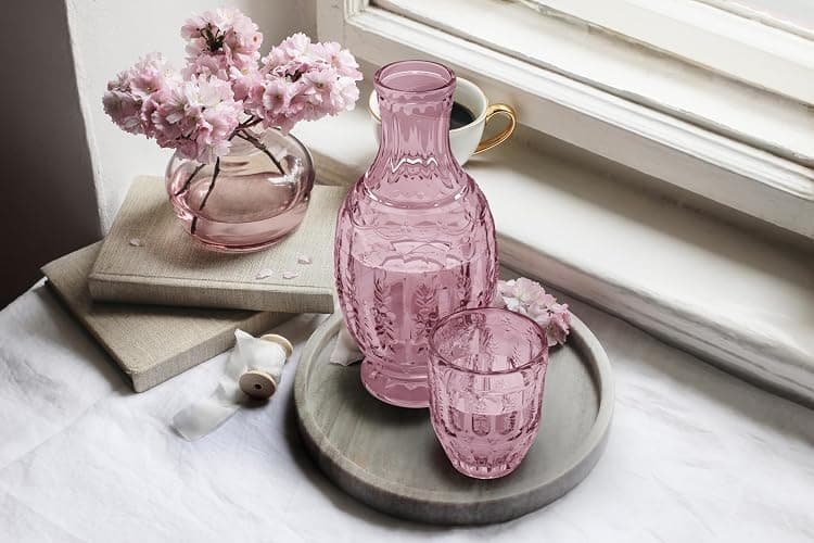 Zanzer 33.8 Oz Carafe Set with Glass Tumbler, Vintage Bedside Glassware for Water or Juice - Unique Antique Pitcher - Beautifully Etched Carafe & Tumbler Duo for Home Decor & Gifting (Pink) thumbnail 5