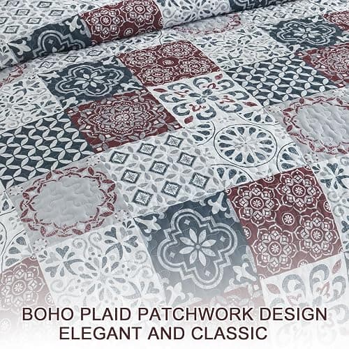 Dobuyly Patchwork Quilt Set Queen Size Boho Plaid Bedspread Red Grey Quilt Coverlet Set, 3 Pieces Soft Microfiber Lightweight Farmhouse Summer Bedding Set for All Seasons 96"x90" thumbnail 8