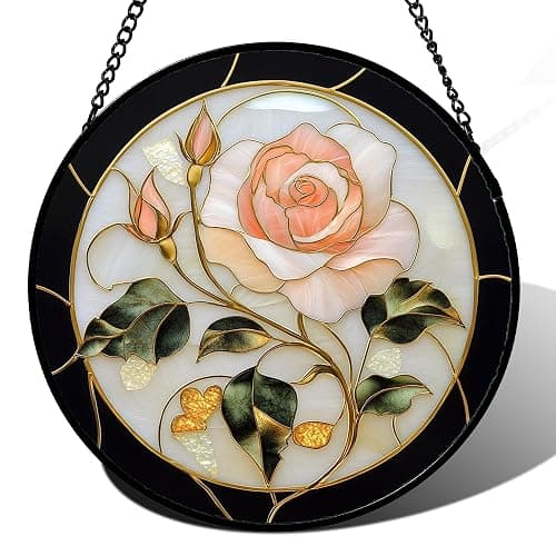 AMDERVEN Stained Glass Window Hanging - Black White Pink Rose Sun Catcher for Door Home Decor Flower Suncatcher Christmas Mother's Day Birthday Gifts for Women Men Lovers Mom Nana 7.8 in - Image 1