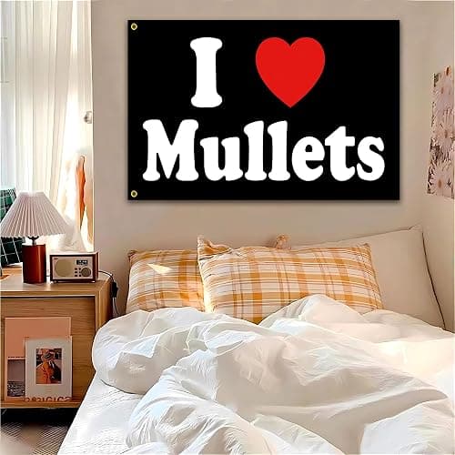 I Love Mullets Flag 3x5 Ft Funny Man Cave Wall I Heart Mullets Flag for Room Teen Girls Indoor Outdoor Bedroom and College Dorm Wall Decor Banner Tapestry Gifts thumbnail 6