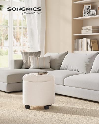 SONGMICS Round Ottoman, Ottoman with Storage, 17.7 x 17.7 x 17.5 Inches, Foot Rest with Legs, Velvet, Load up to 330 lb, for Living Room, Bedroom, Cream White ULOM012W01 thumbnail 2