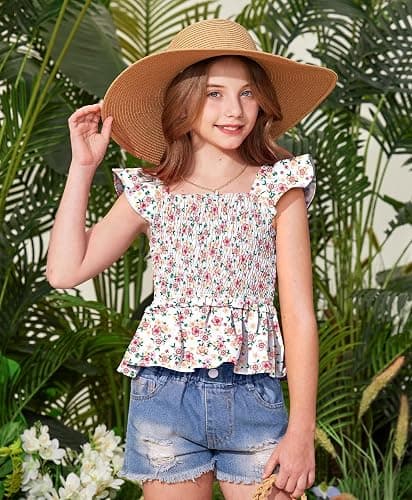 BesserBay Girls Summer Ruffle Cap Sleeve Square Neck Tank Top Peplum Hem Smocked Cute Babydoll Blouse 5-14 Years thumbnail 5