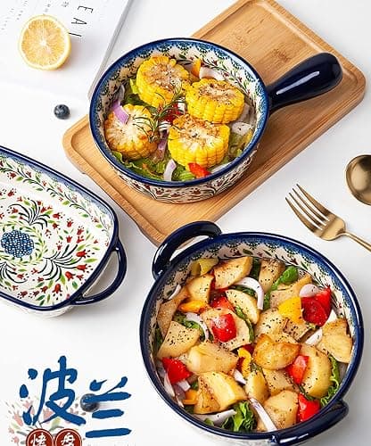 Bicuzat Vintage Style Tulip Flower Pattern Ceramic Bakeware Casserole Dish Baking Pan Lasagna Pans Baking Dish with Handles for Oven/Cooking/Kitchen-1 PCS-32 OZ thumbnail 5