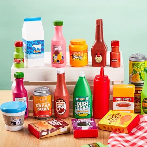 JOYIN 30Pcs Play Food Grocery Cans, Play Kitchen Accessories, Includes Drink, Juice, Jar, Seasoning, Water Bottle, Sauce, Yogurt, Ice Cream, Snack Box, Kids Gifts & Indoor Toys thumbnail 2