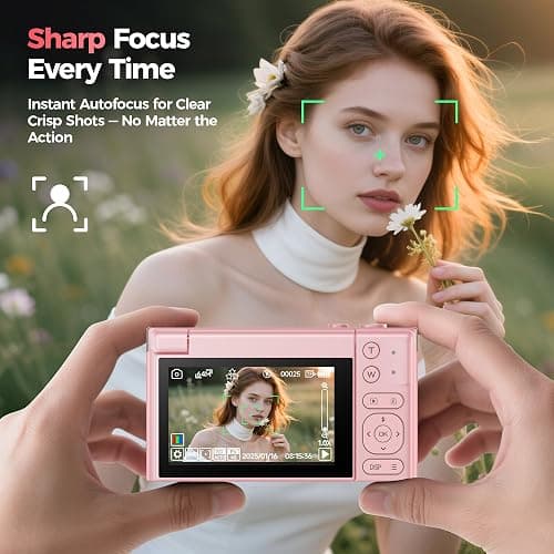 4K Digital Camera Pink for Girls Teens: 64MP Vlogging Camera with Flip Screen - 16X Zoom - Cute Compact Cam for Photography and YouTube – Aesthetic Point and Shoot Gift for Ages 8-18 thumbnail 7