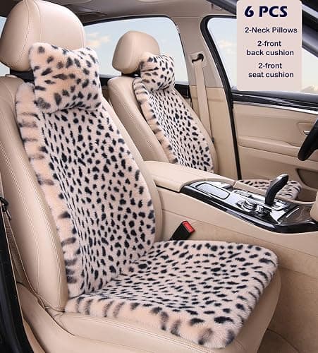 seemehappy Fluffy Leopard Seat Covers for Cars Front Seat Covers Carseat Front Two Seat Protectors with 2 Neck Pillows for Truck SUV Auto-Beige Leopard Front-6 PCS thumbnail 2