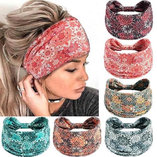 SAWINDA 6 Pack Boho Flower Print Headbands for Women Wide Twist Knotted Head Bands Elastic Non-Slip Hair Bands Vintage Head Wraps Turbans Yoga Workout Hair Accessories - Image 1