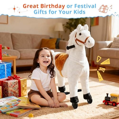 Ride on Horse,Horse Ride on Toy for Kids, Riding White Horse Mechanical Walking Action Plush Animal for 4 Years to 9, No Battery or Electricity, Max Load 165 LBS - White thumbnail 4
