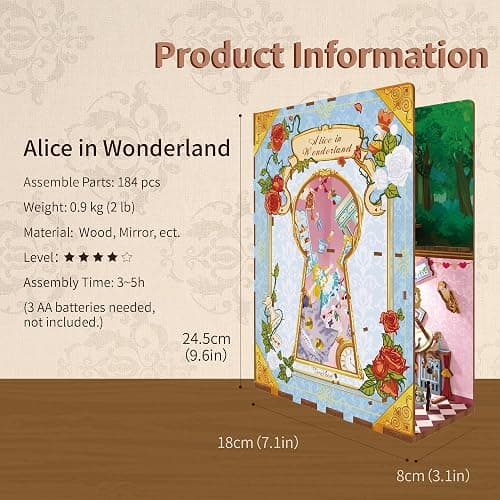 Tonecheer DIY Book Nook Kit for Adults,3D Wooden Puzzle Bookend Bookshelf Insert Library Decor, Booknook Miniature House Kit with Body Motion Sensor LED Light (Alice in Wonderland) thumbnail 2