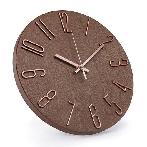 bakbrand Wall Clock 12 Inch Silent Non-Ticking Imitation Wood Indoor Clock Round Brown Decor Clock Modern 3D Figures Quartz Wall Clocks for Home, Hotel, Office, School thumbnail 3