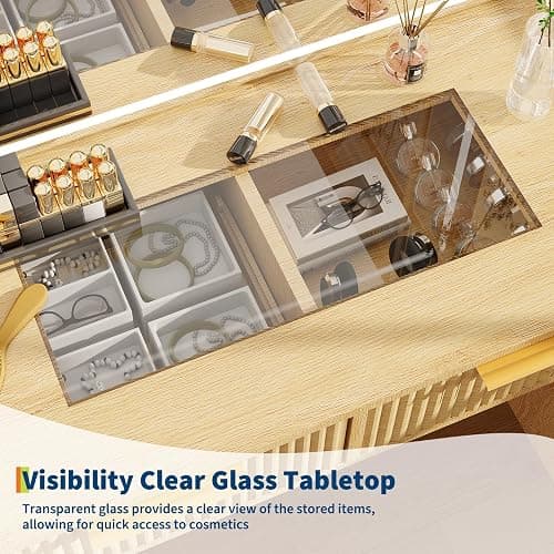 Jojoka Vanity Desk with 3-Color LED Lighted Touch Mirror, Makeup Vanity with Charging Station (2 AC+2 USB), 5 Drawers & Glass Top Jewelry Storage, Modern Dressing Table for Bedroom thumbnail 8