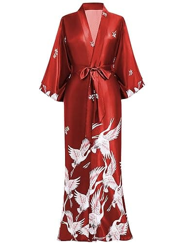 PRODESIGN Long Kimono Robe Satin Sleepwear Blouse Bathrobe Nightgown Silky Crane Kimono Cardigan Robe